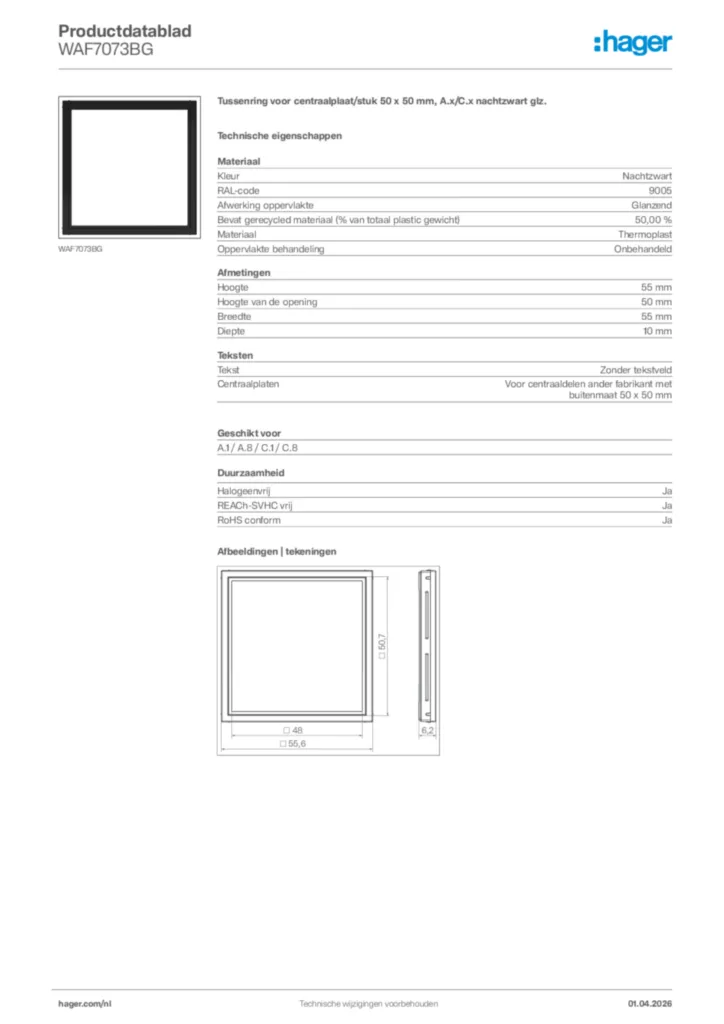 Afbeelding Hager Productdatablad WAF7073BG | Hager Nederland