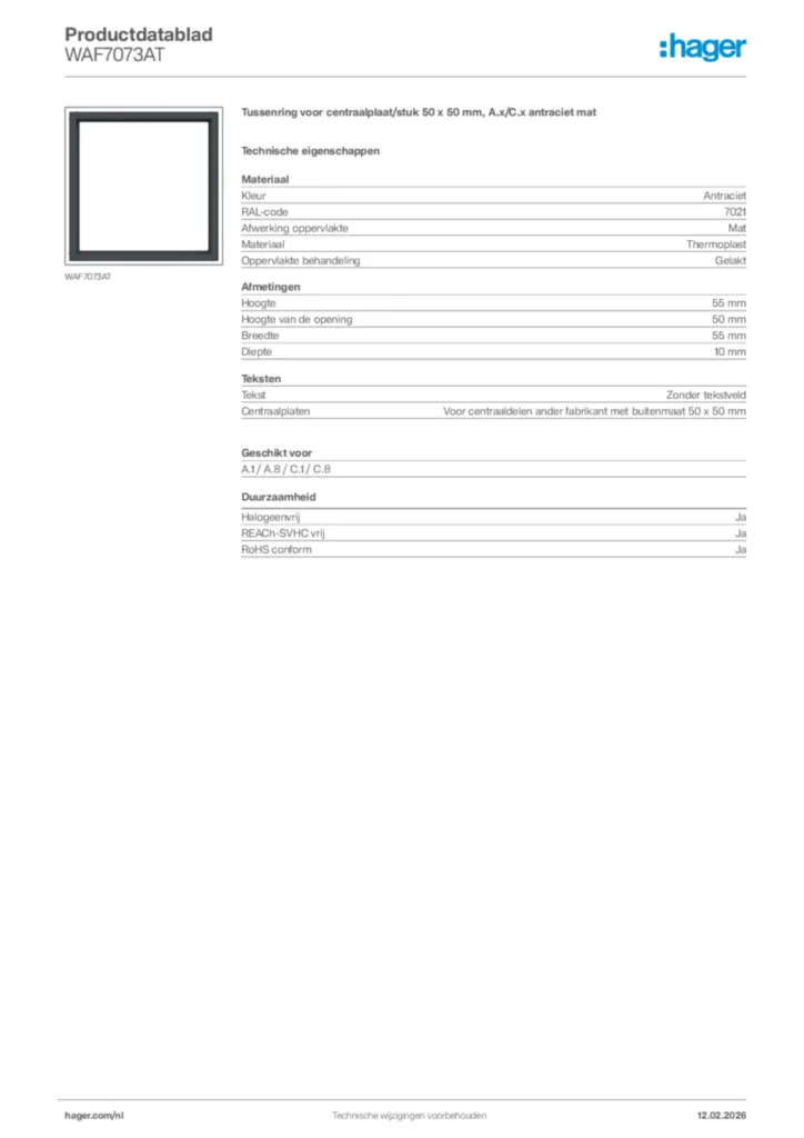 Afbeelding Hager Productdatablad WAF7073AT | Hager Nederland