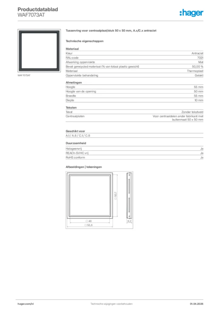 Afbeelding Hager Productdatablad WAF7073AT | Hager Nederland