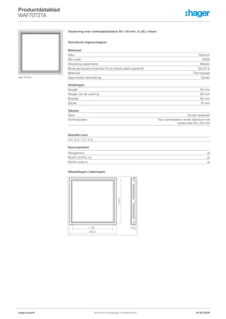 Afbeelding Hager Productdatablad WAF7073TA | Hager Nederland