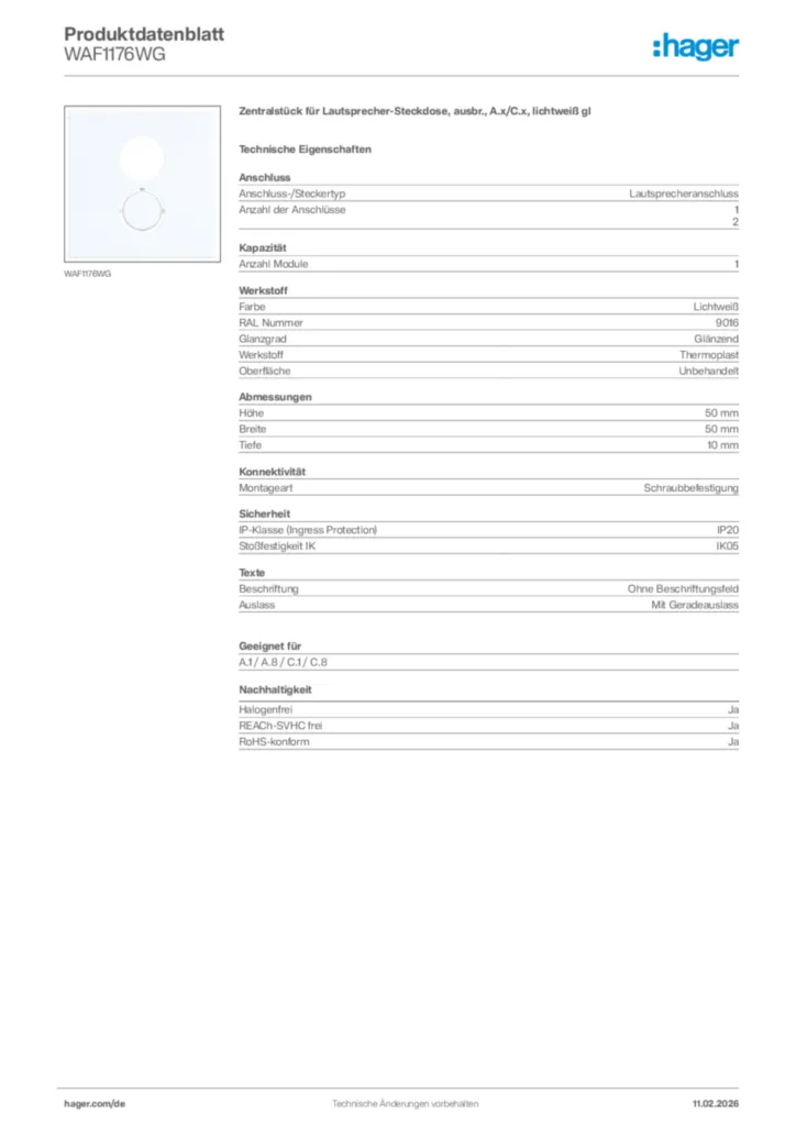 Bild Hager Produktdatenblatt WAF1176WG | Hager Deutschland