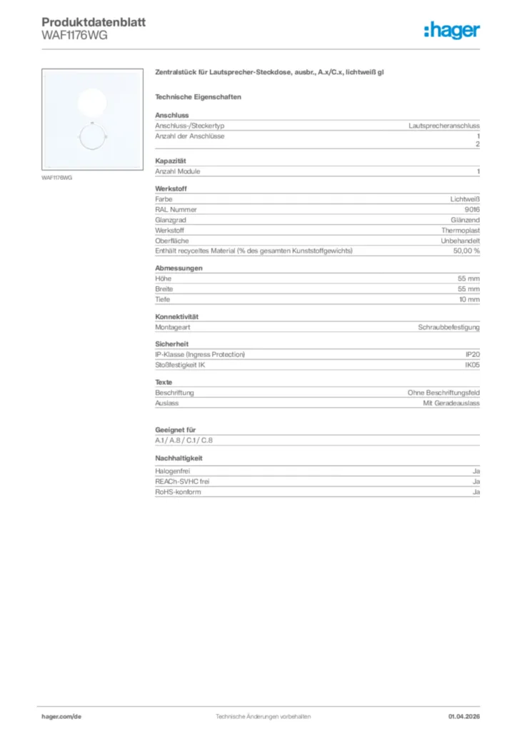 Bild Hager Produktdatenblatt WAF1176WG | Hager Deutschland
