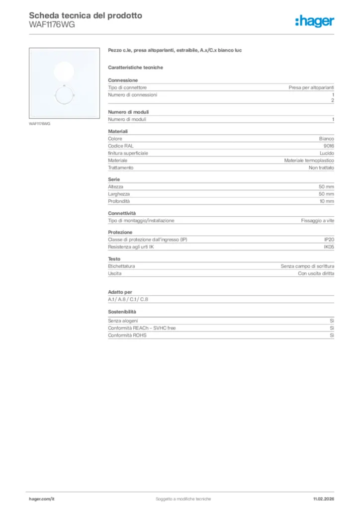 Immagine Hager Scheda tecnica del prodotto WAF1176WG | Hager Italia