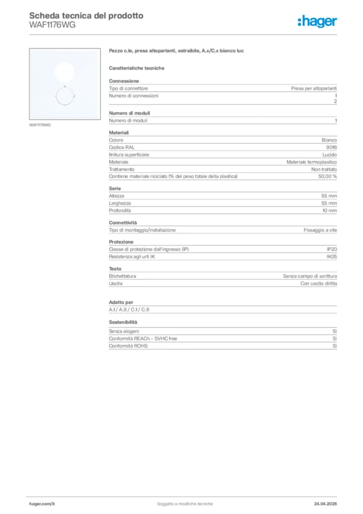 Immagine Hager Scheda tecnica del prodotto WAF1176WG | Hager Italia