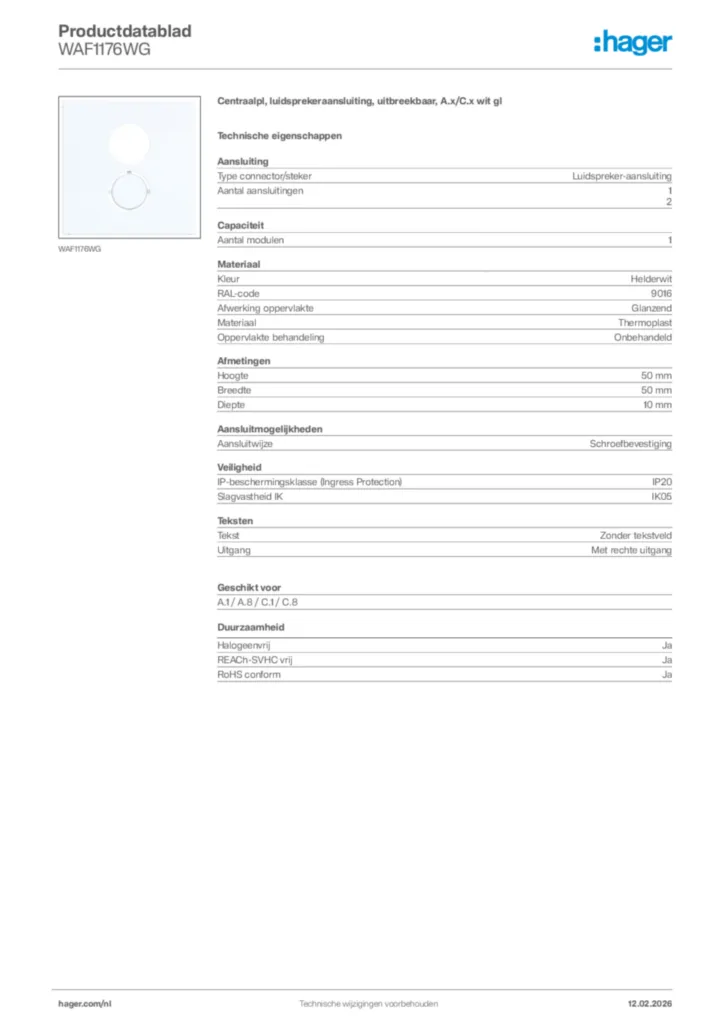 Afbeelding Hager Productdatablad WAF1176WG | Hager Nederland