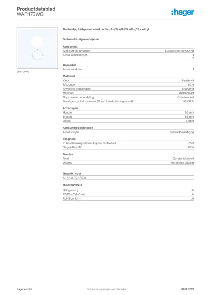 Afbeelding Hager Productdatablad WAF1176WG | Hager Nederland