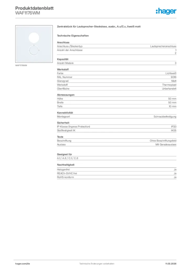 Bild Hager Produktdatenblatt WAF1176WM | Hager Deutschland