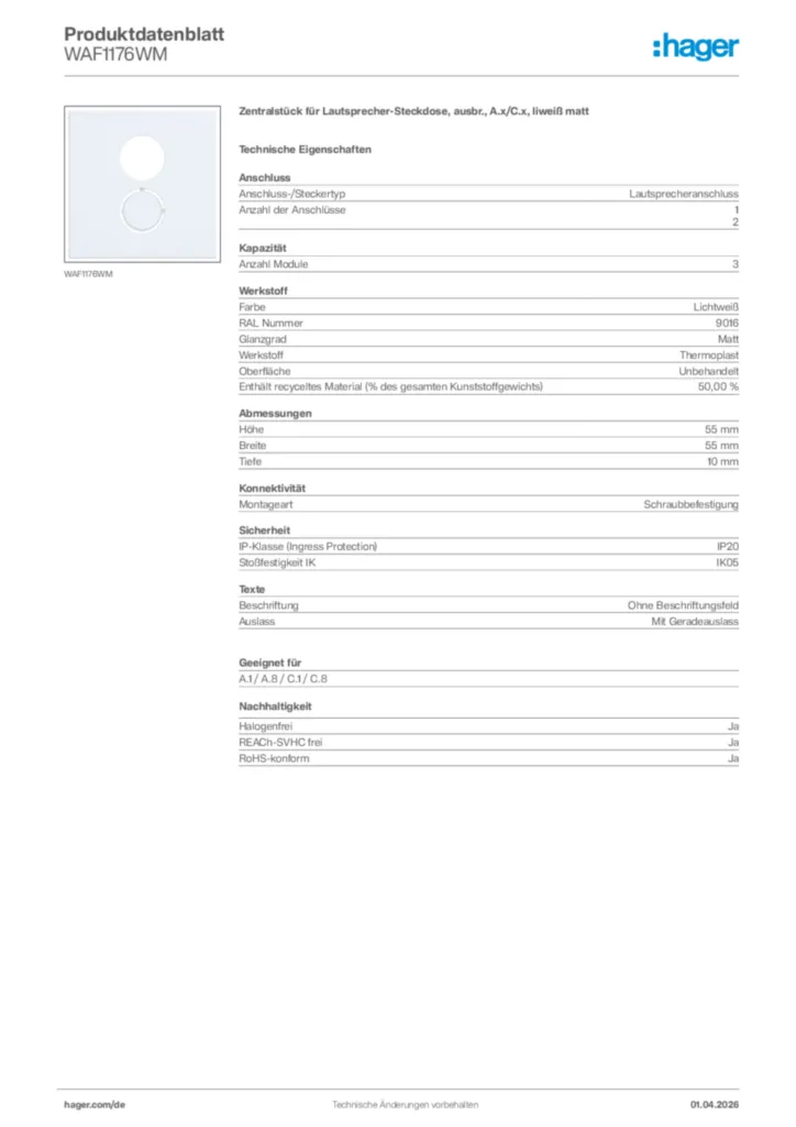 Bild Hager Produktdatenblatt WAF1176WM | Hager Deutschland