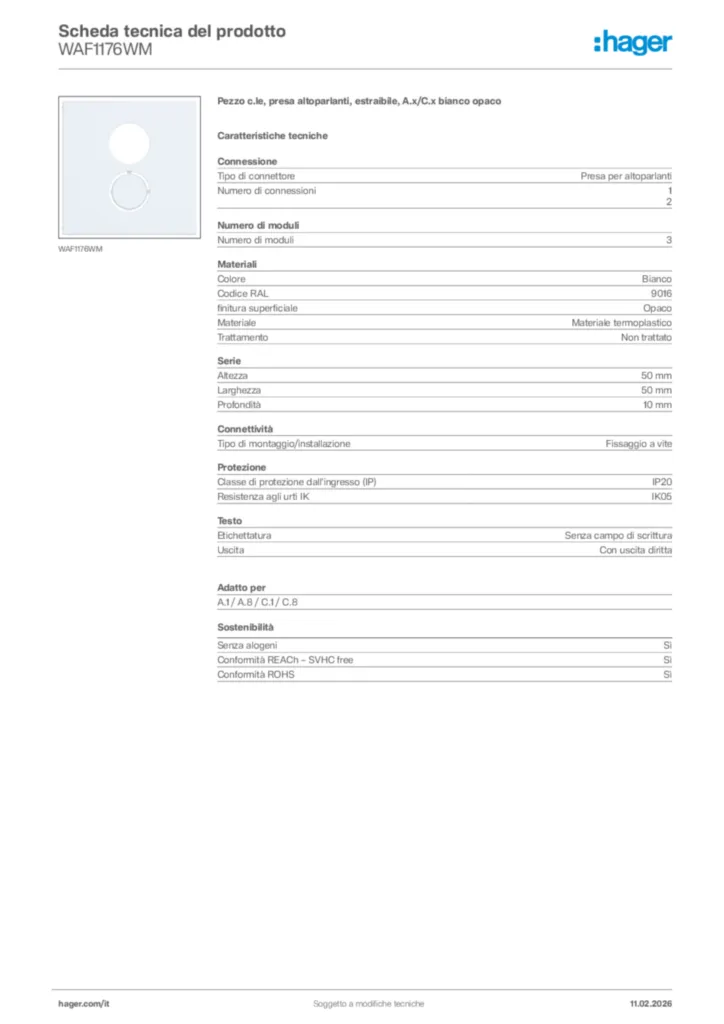 Immagine Hager Scheda tecnica del prodotto WAF1176WM | Hager Italia
