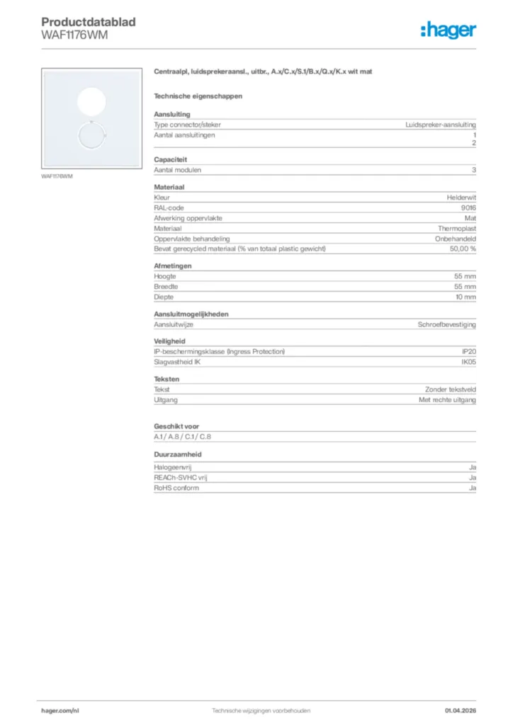 Afbeelding Hager Productdatablad WAF1176WM | Hager Nederland