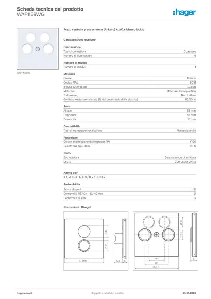 Immagine Hager Scheda tecnica del prodotto WAF1169WG | Hager Italia