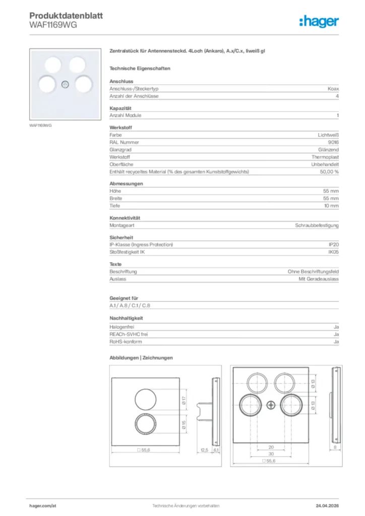 Bild Hager Produktdatenblatt WAF1169WG | Hager Deutschland