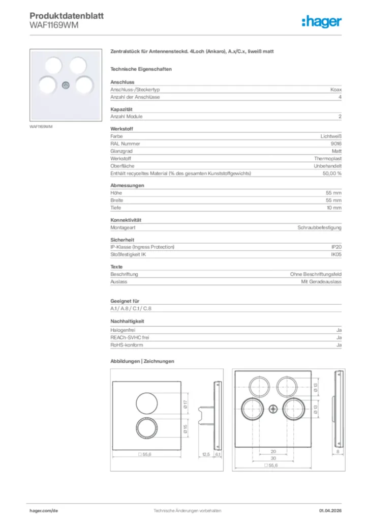 Bild Hager Produktdatenblatt WAF1169WM | Hager Deutschland