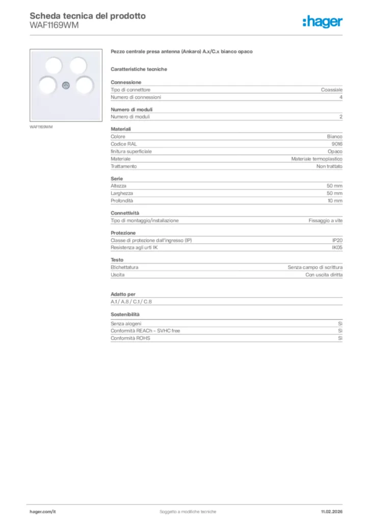 Immagine Hager Scheda tecnica del prodotto WAF1169WM | Hager Italia