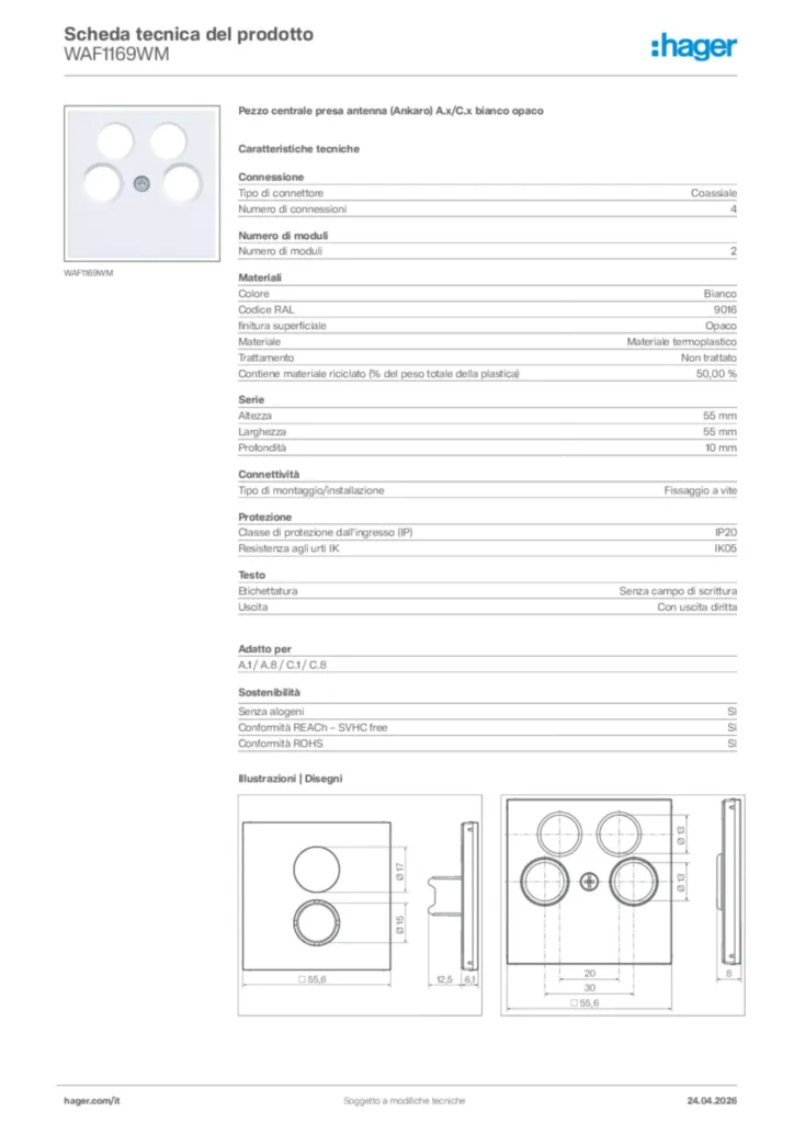 Immagine Hager Scheda tecnica del prodotto WAF1169WM | Hager Italia