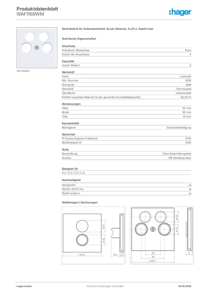 Bild Hager Produktdatenblatt WAF1169WM | Hager Deutschland