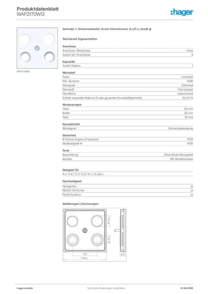 Bild Hager Produktdatenblatt WAF2170WG | Hager Deutschland