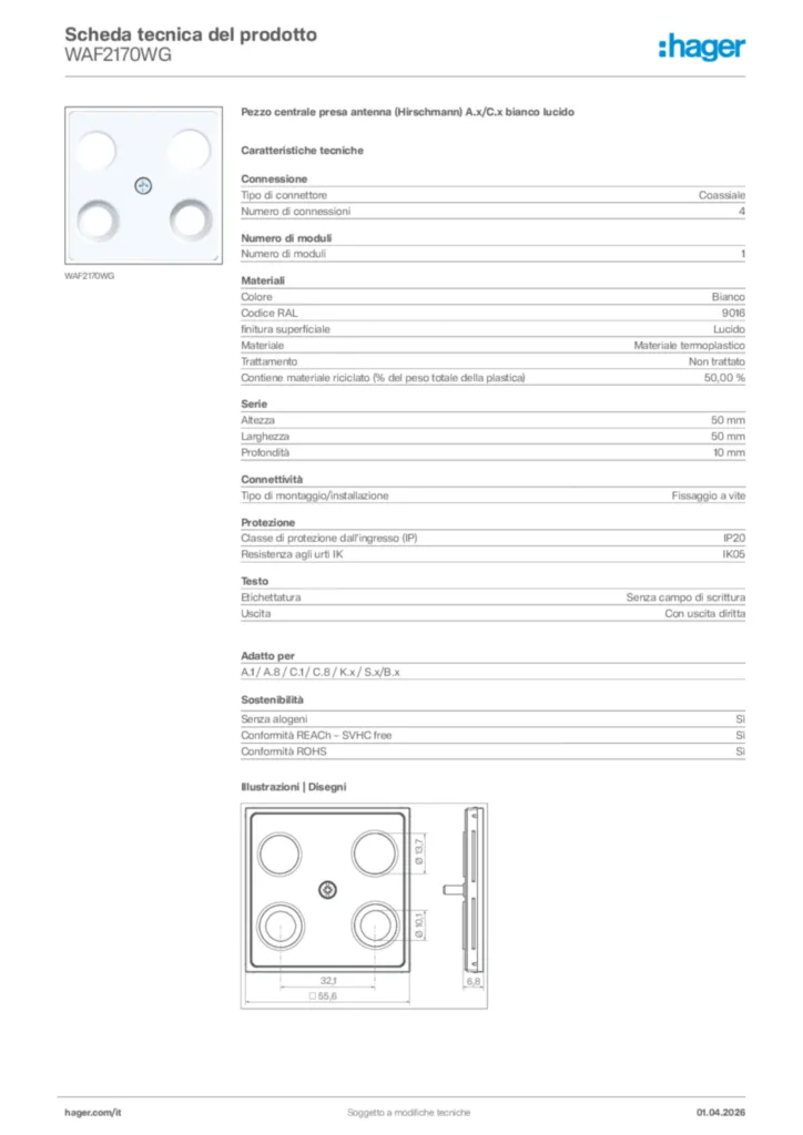 Immagine Hager Scheda tecnica del prodotto WAF2170WG | Hager Italia
