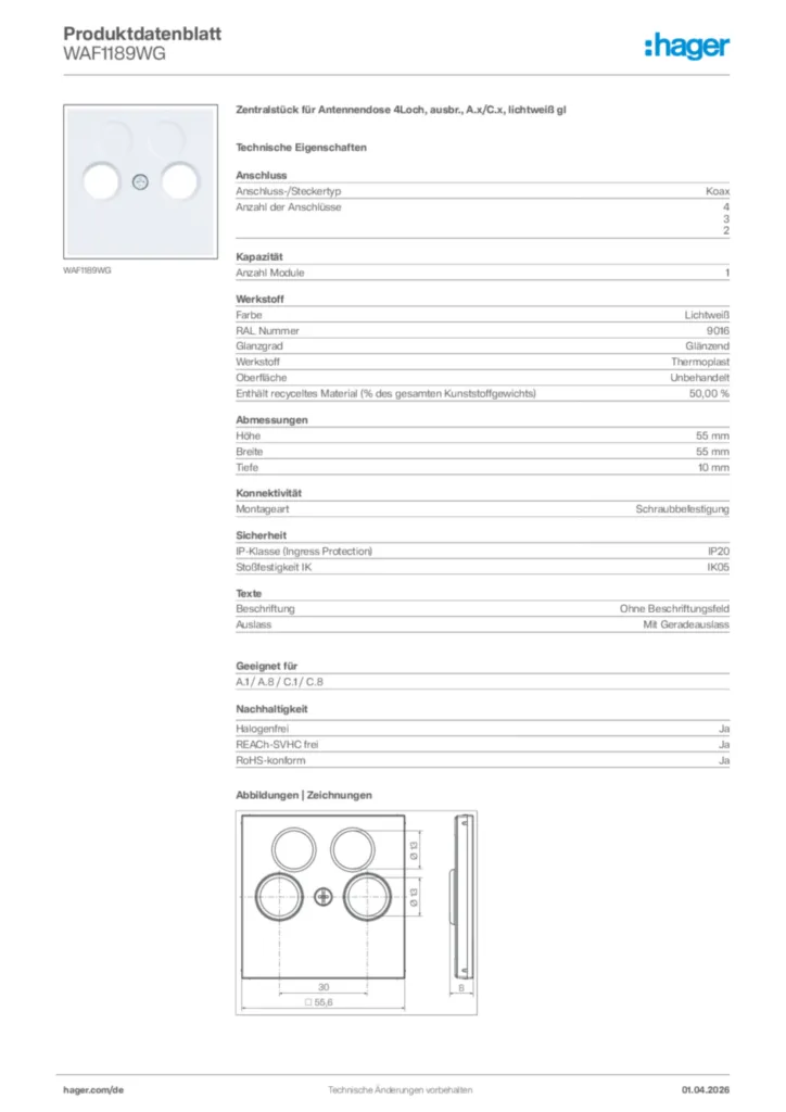 Bild Hager Produktdatenblatt WAF1189WG | Hager Deutschland