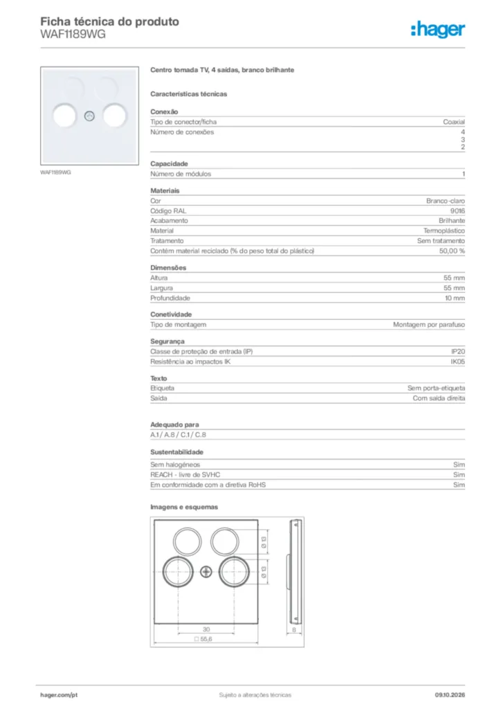 Imagem Hager Ficha técnica do produto WAF1189WG | Hager Portugal