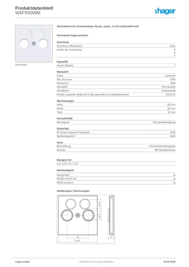Bild Hager Produktdatenblatt WAF1189WM | Hager Deutschland