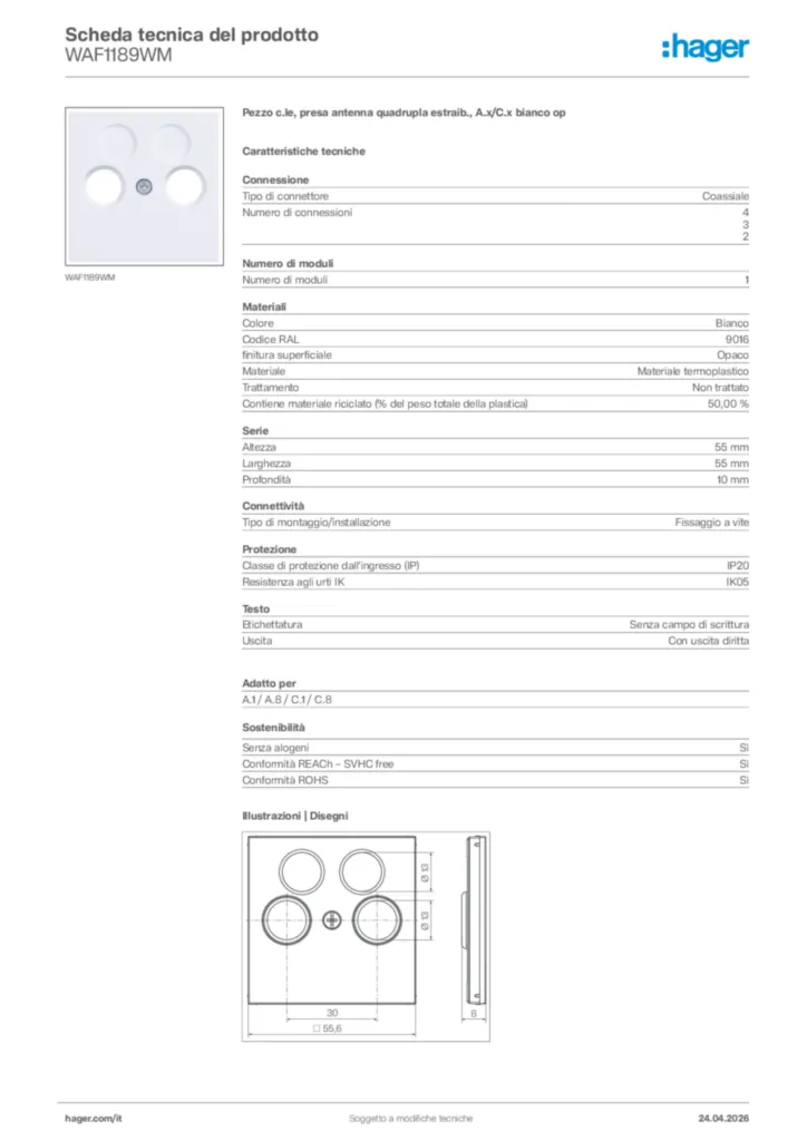 Immagine Hager Scheda tecnica del prodotto WAF1189WM | Hager Italia