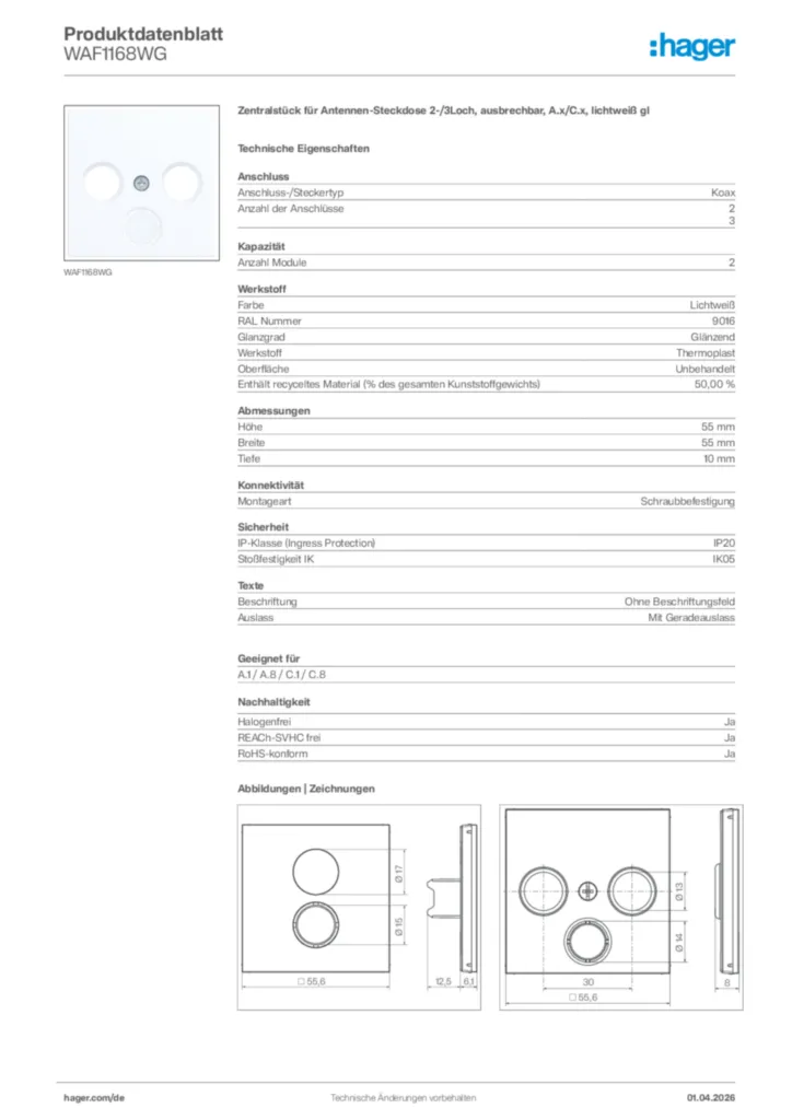 Bild Hager Produktdatenblatt WAF1168WG | Hager Deutschland