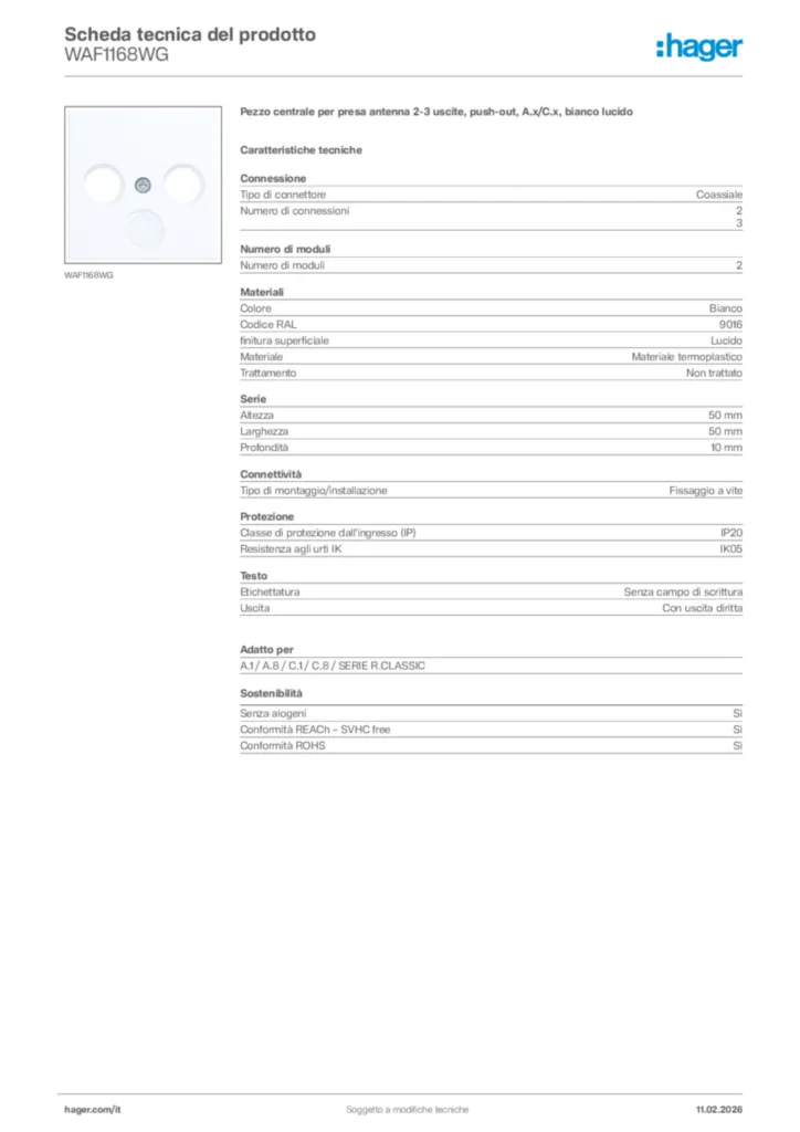 Immagine Hager Scheda tecnica del prodotto WAF1168WG | Hager Italia