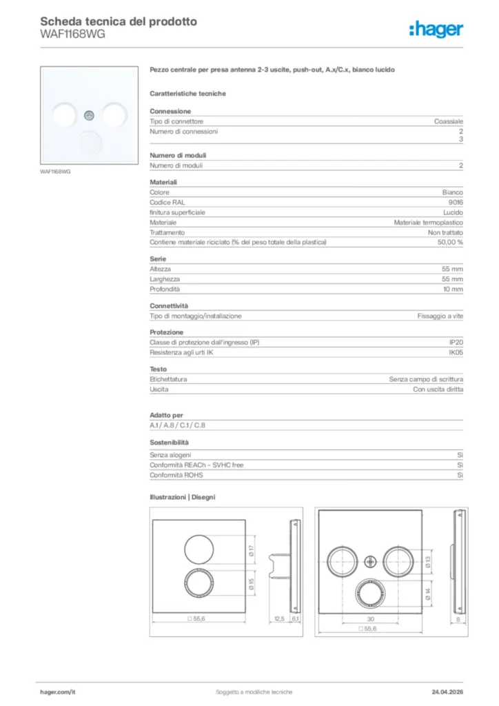 Immagine Hager Scheda tecnica del prodotto WAF1168WG | Hager Italia