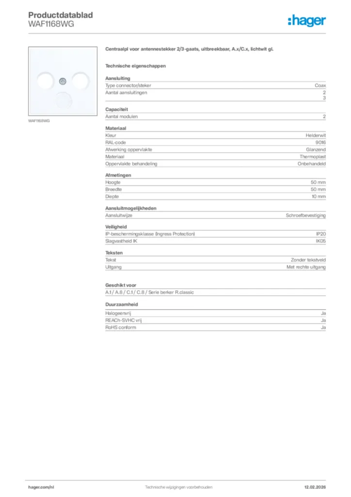 Afbeelding Hager Productdatablad WAF1168WG | Hager Nederland