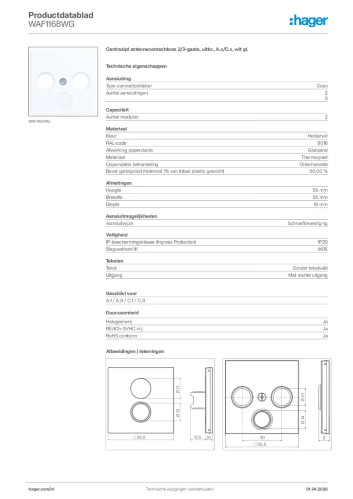 Afbeelding Hager Productdatablad WAF1168WG | Hager Nederland