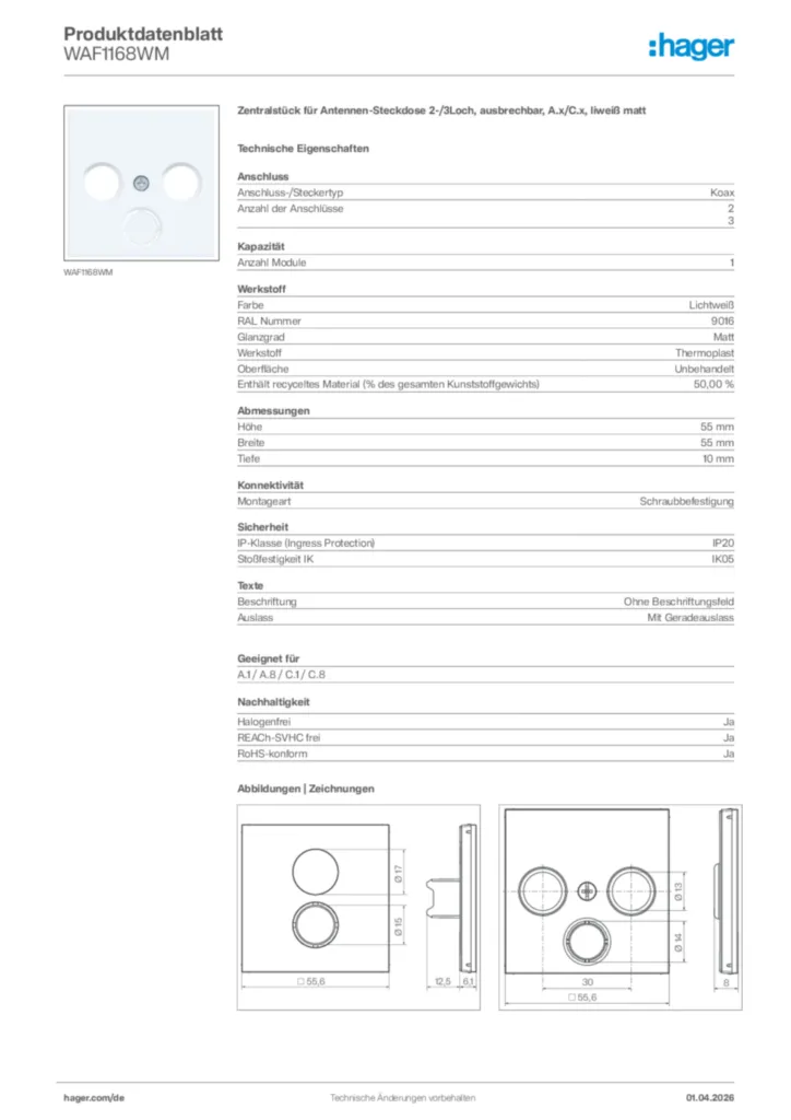 Bild Hager Produktdatenblatt WAF1168WM | Hager Deutschland