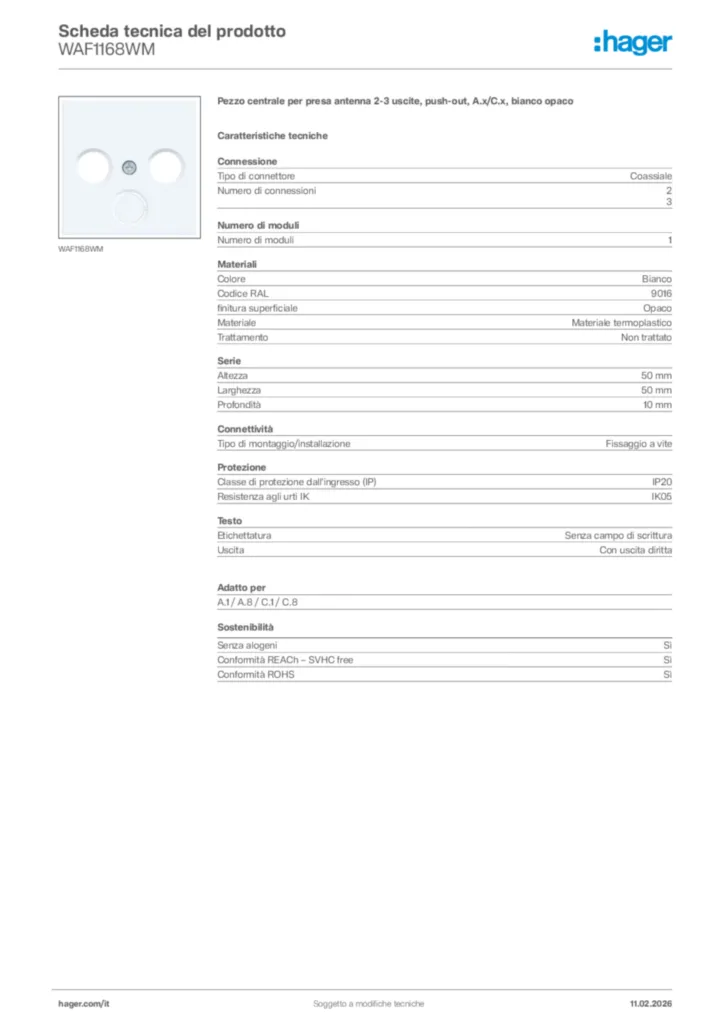 Immagine Hager Scheda tecnica del prodotto WAF1168WM | Hager Italia