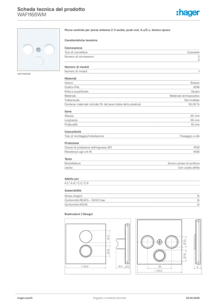 Immagine Hager Scheda tecnica del prodotto WAF1168WM | Hager Italia