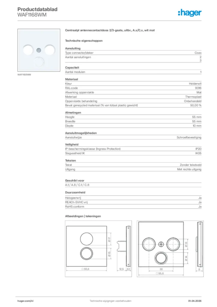 Afbeelding Hager Productdatablad WAF1168WM | Hager Nederland