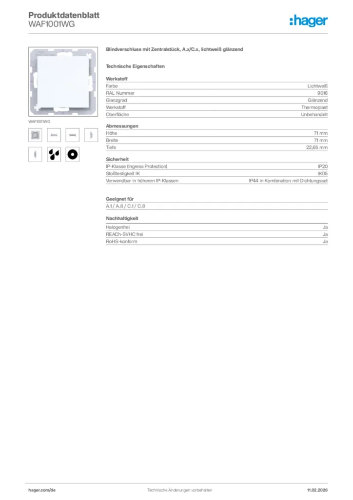 Bild Hager Produktdatenblatt WAF1001WG | Hager Deutschland
