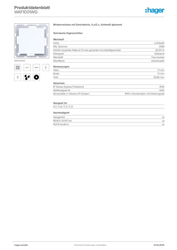 Bild Hager Produktdatenblatt WAF1001WG | Hager Deutschland