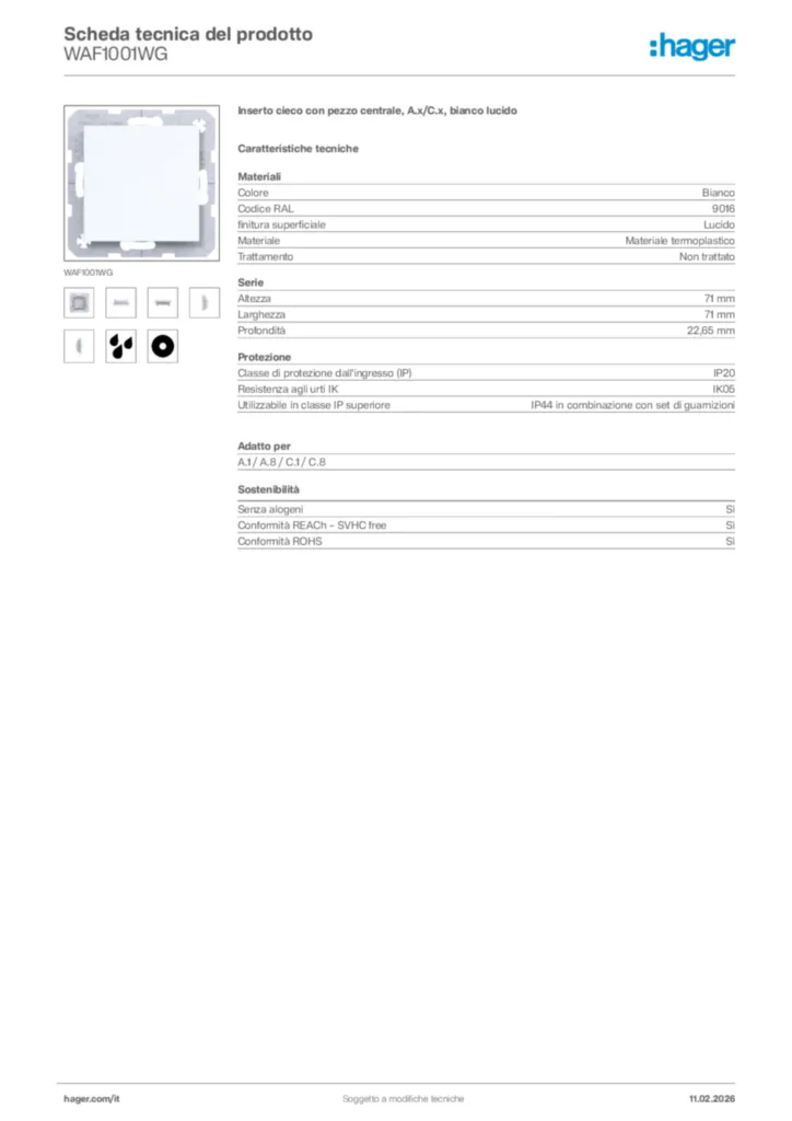 Immagine Hager Scheda tecnica del prodotto WAF1001WG | Hager Italia
