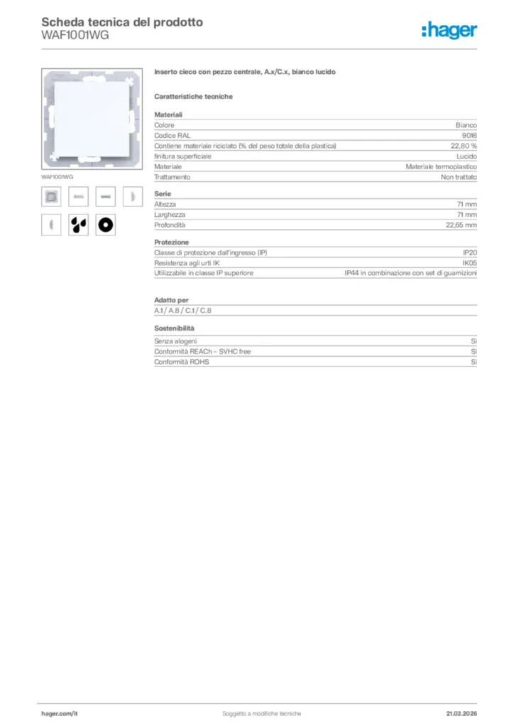 Immagine Hager Scheda tecnica del prodotto WAF1001WG | Hager Italia