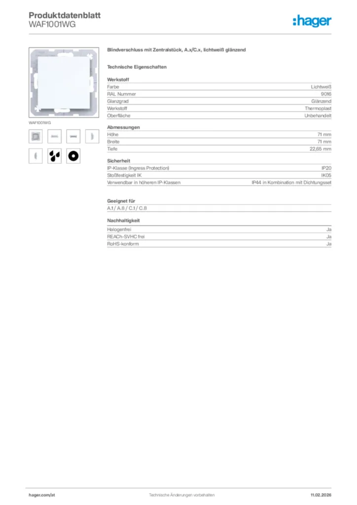 Bild Hager Produktdatenblatt WAF1001WG | Hager Deutschland