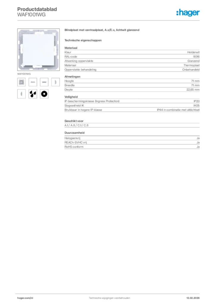 Afbeelding Hager Productdatablad WAF1001WG | Hager Nederland