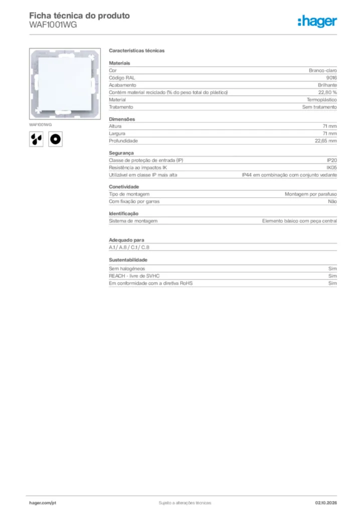 Imagem Hager Ficha técnica do produto WAF1001WG | Hager Portugal