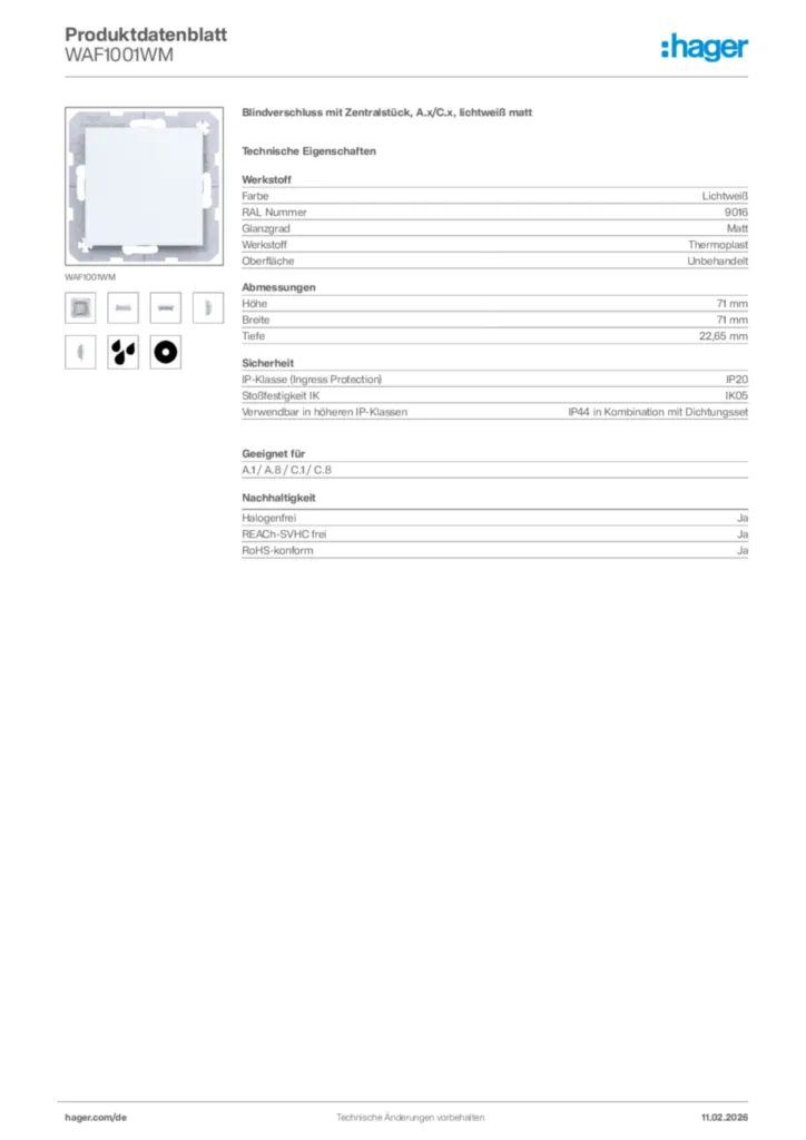 Bild Hager Produktdatenblatt WAF1001WM | Hager Deutschland