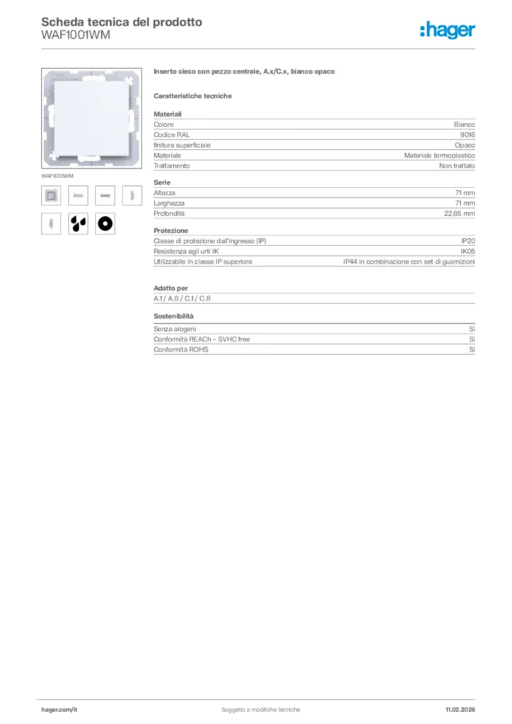 Immagine Hager Scheda tecnica del prodotto WAF1001WM | Hager Italia