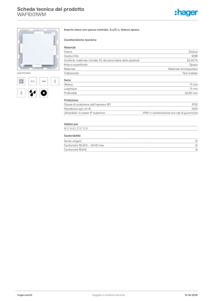 Immagine Hager Scheda tecnica del prodotto WAF1001WM | Hager Italia