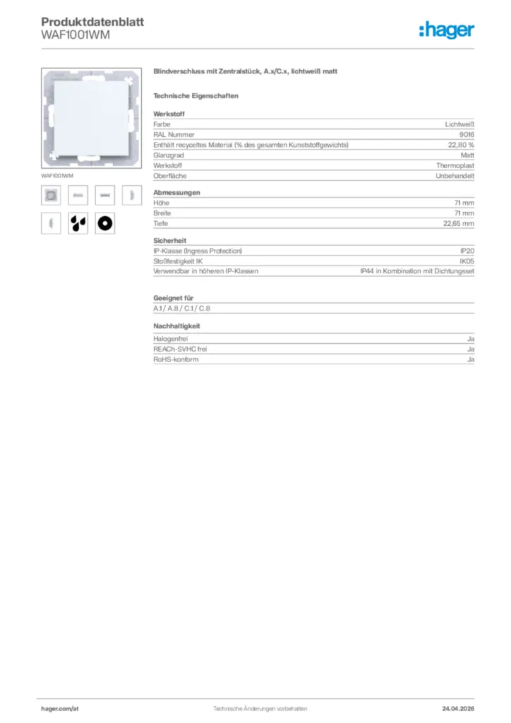 Bild Hager Produktdatenblatt WAF1001WM | Hager Deutschland