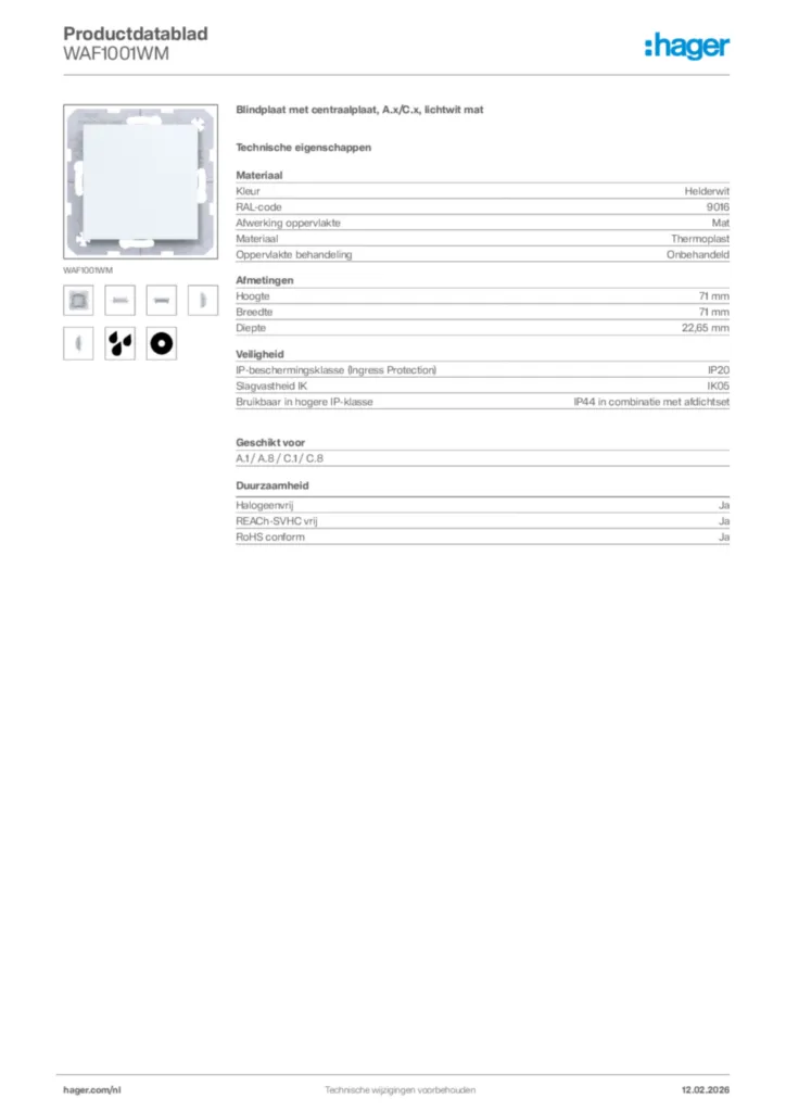 Afbeelding Hager Productdatablad WAF1001WM | Hager Nederland