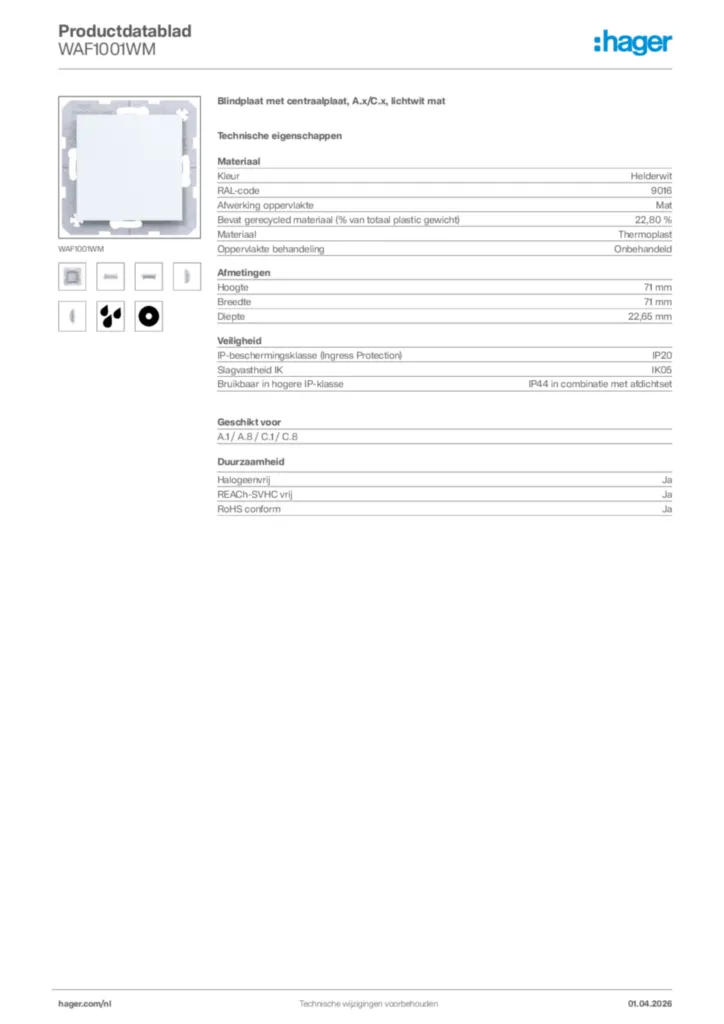 Afbeelding Hager Productdatablad WAF1001WM | Hager Nederland