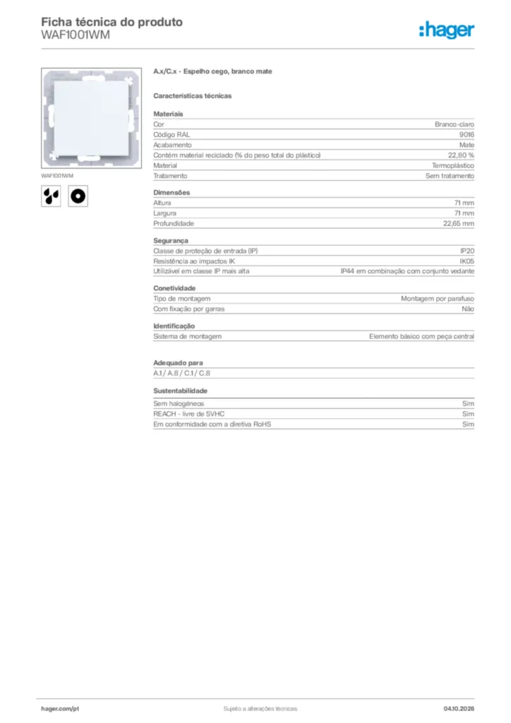 Imagem Hager Ficha técnica do produto WAF1001WM | Hager Portugal