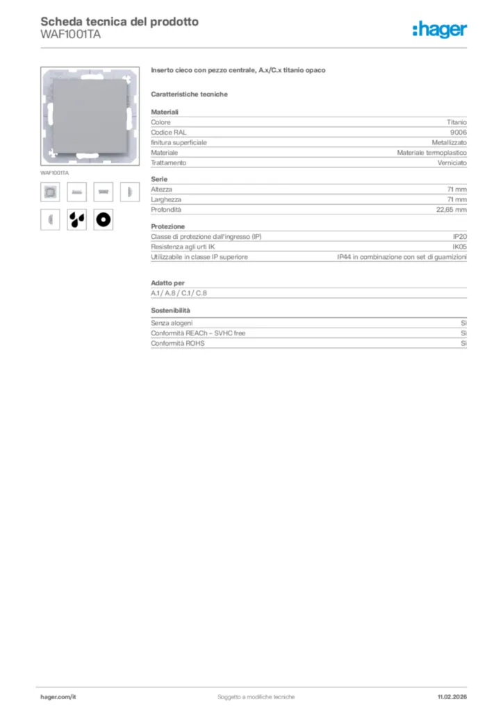 Immagine Hager Scheda tecnica del prodotto WAF1001TA | Hager Italia